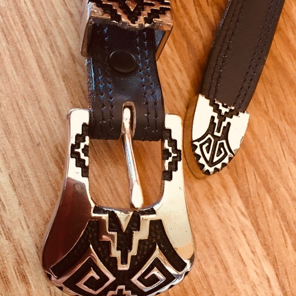 P. Nocona belt blk silver Aztec buckle - Picture 6 of 9